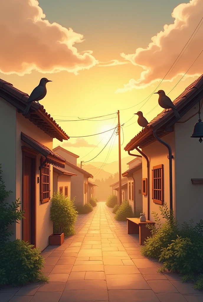 A peaceful morning scene, where the sun's rays are slowly spreading over a small village. Birds are sitting on the roofs of village houses and the roads are empty. There is a closed door outside a house, on which a bell is hanging.