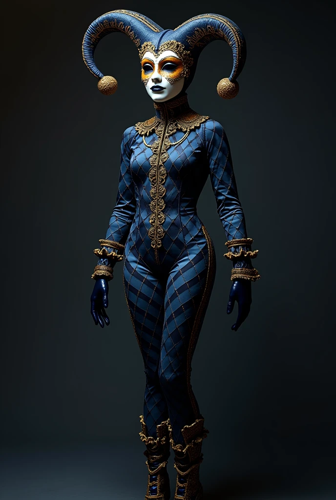 I want an illustration of a ballet costume or an alternative ballet costume for the "toys" from act 1 of The Nutcracker. Let it be a dark-colored harlequin with a mask from that era. Just make me a Venice carnival-style mask., black, blue and gold