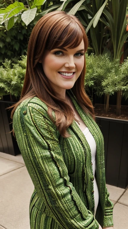 Sara Rue wearing clothes made of plants and smiling