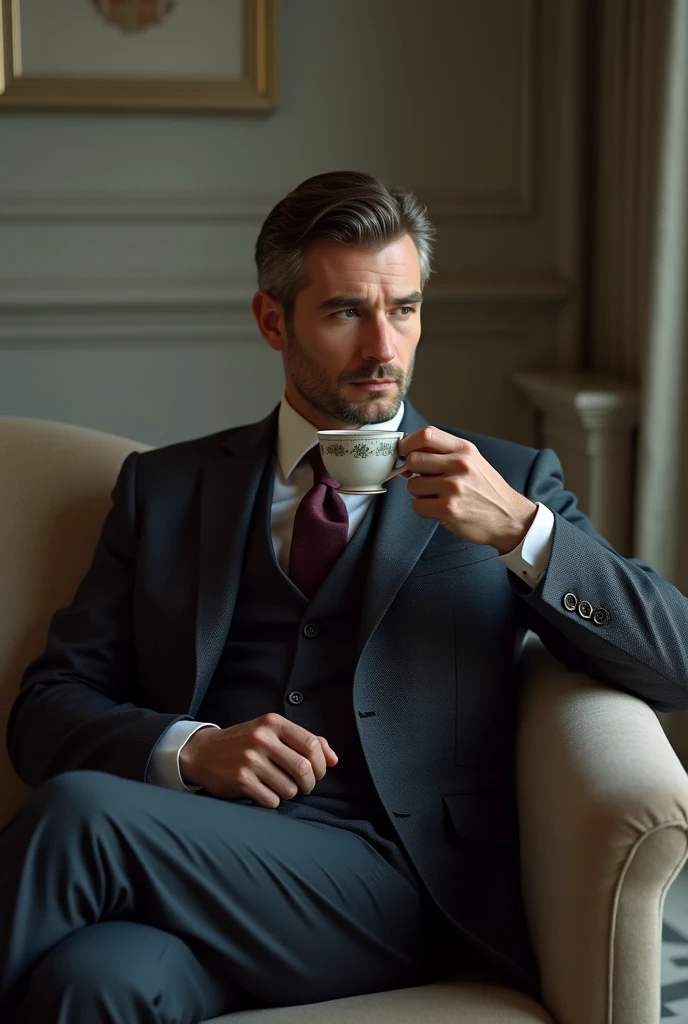 6×3 size
Vicenzo casano 
Wear full suit and set on the sofa and have cap of tea
Men set far from the camara