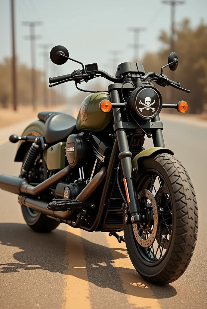 Cruiser motorbike with 2 cylinder engine, cruiser bike, brownish army color, motorbike for experienced pirate army captains, combat and casual motorbikes complete with all accessories. with the nickname el capitan