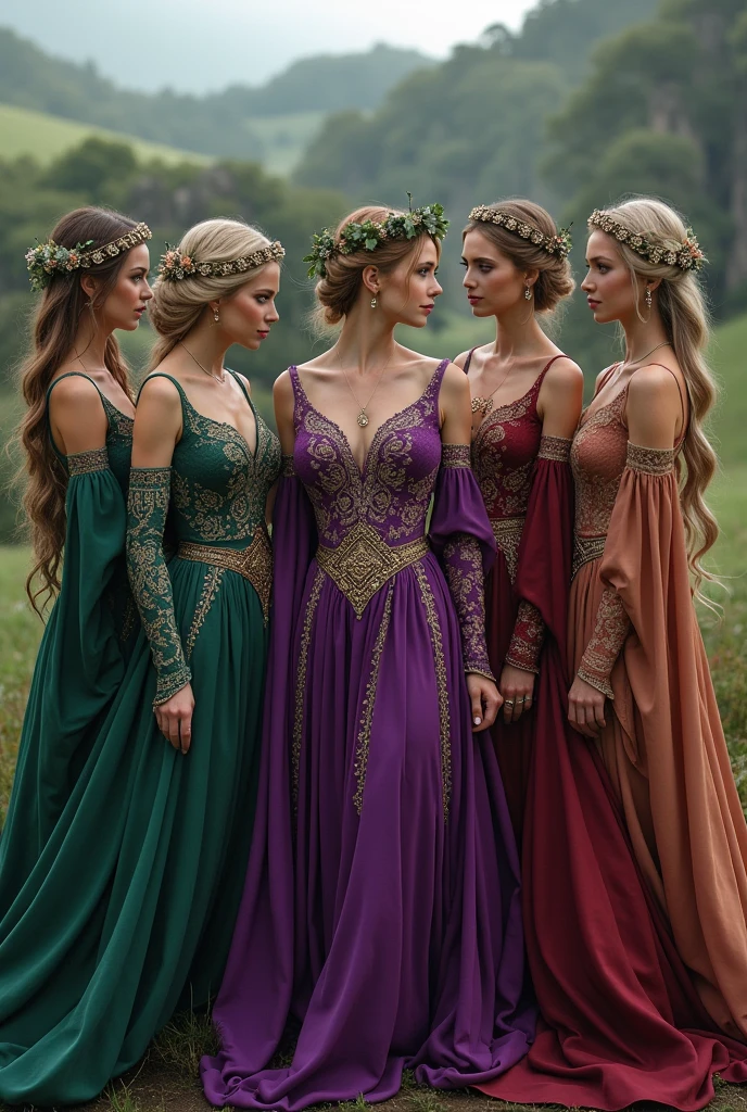Bridesmaids in Celtic style clothing, clothes of different colors