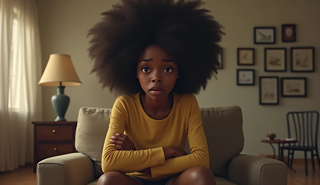 An unhappy young black woman from Africa sitting in sitting room is wondering and scared about the future 