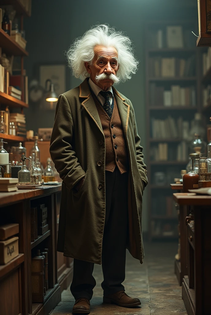 Old scientist standing, looking like Albert Einstein