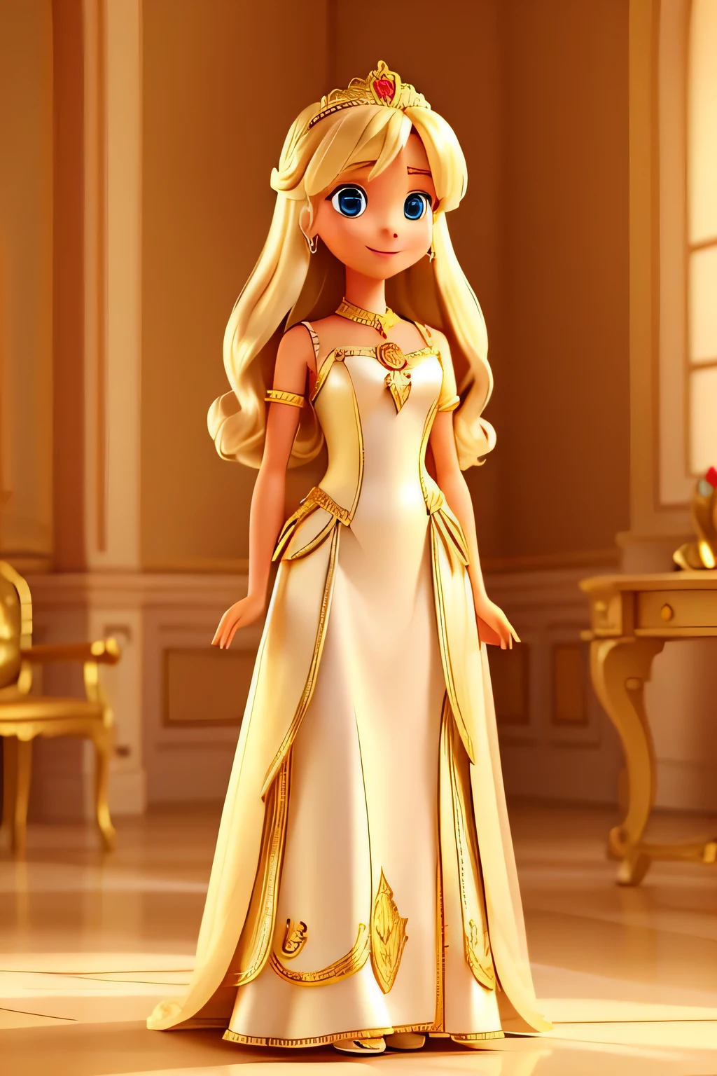 Blonde princess, golden hair and a crown on her head, straight body, with a white dress with gold details, she must be happy and smiling like Barbie, make her face the camera, clear and well-lit image