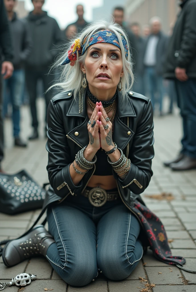 russian old milf woman, grey hair (middle part) and wide colourful bandana as headband, with very light blue eyes, extremely pale. Wearing studded cropped black moto jacket with lots of zippers and pins, black push up bra with white seams , dark skinny blue jeans and pointy silver Chelsea boots with cuban heels  . Studded Choker. Lots of metallic bracelets and collars. Tacky wide studded leather belt with oversized skull and bones buckle. Long bohemian earrings. Kneeling like in a payer, looking at the camera, humble facial expression. Hands on her knees, showing off bracelets and rings. studded black leather tote bag with chains on the floor, next to her..  Listening in amazement to somebody speaking to her, toned six pack abdominals, thin neck, slim legs and thin arms. Tattoed heavily.  A lot of people around looking at her, next to her, all her belongings on the floor