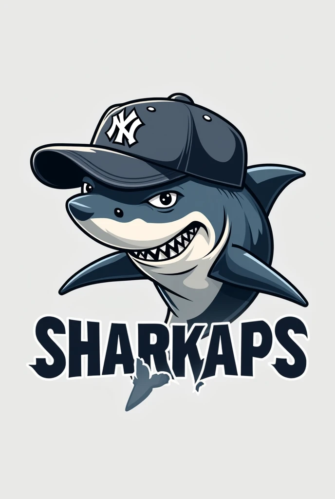 Create a logo of a grey shark with a NY cap that says SHARKAPS
