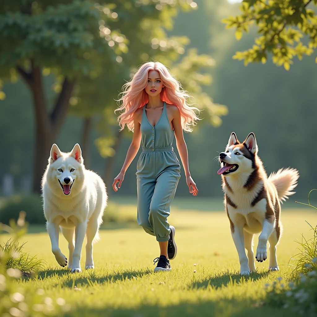 Full View 8K, a nature female, standing at the park playing catch, with my two husky mixed dalmatian wolf, as the sun is shining down on us, a natural white female, with long wavy blonde n pink hair, wearing a light blue jumpsuit, with black sneakers 