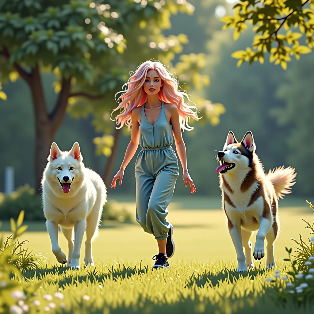 Full View 8K, a nature female, standing at the park playing catch, with my two husky mixed dalmatian wolf, as the sun is shining down on us, a natural white female, with long wavy blonde n pink hair, wearing a light blue jumpsuit, with black sneakers