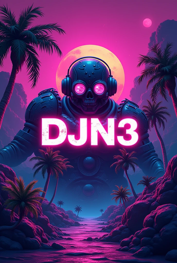 Make a profile picture with the name DJN3 in capital letters with a violet vibe a lot going on retro vibe