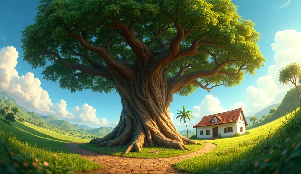 a 360 image pixar animation style of a big wide and tall amate tree in the middle of El Salvador`s country side near by country town colonial one floor house, sunny day