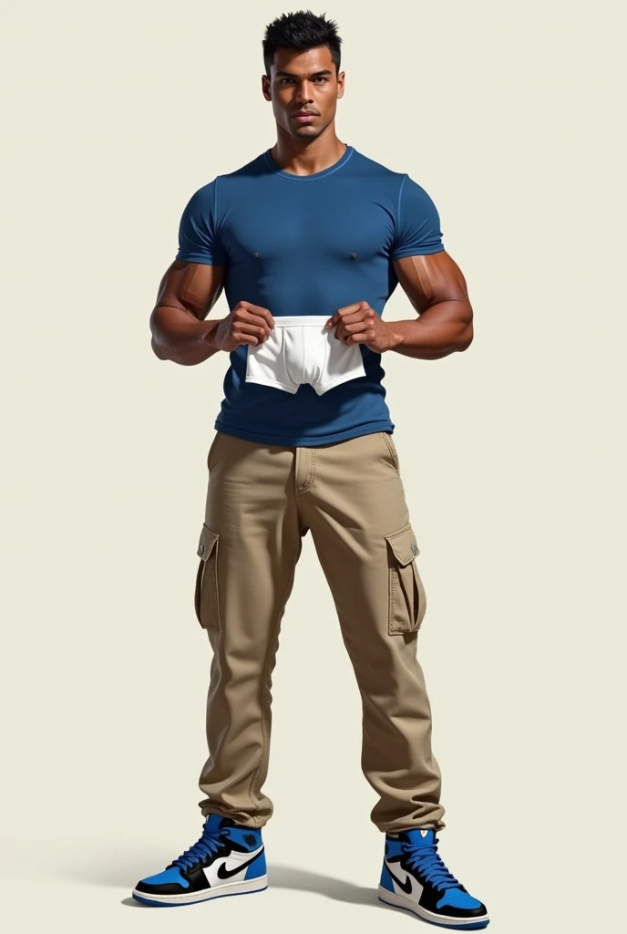 Black haired man with fair skin, in beige cargo pants, blue t-shirt and blue black and white air jordan sneakers holding a pair of white boxer briefs the size he would wear with his hands, in Realist style