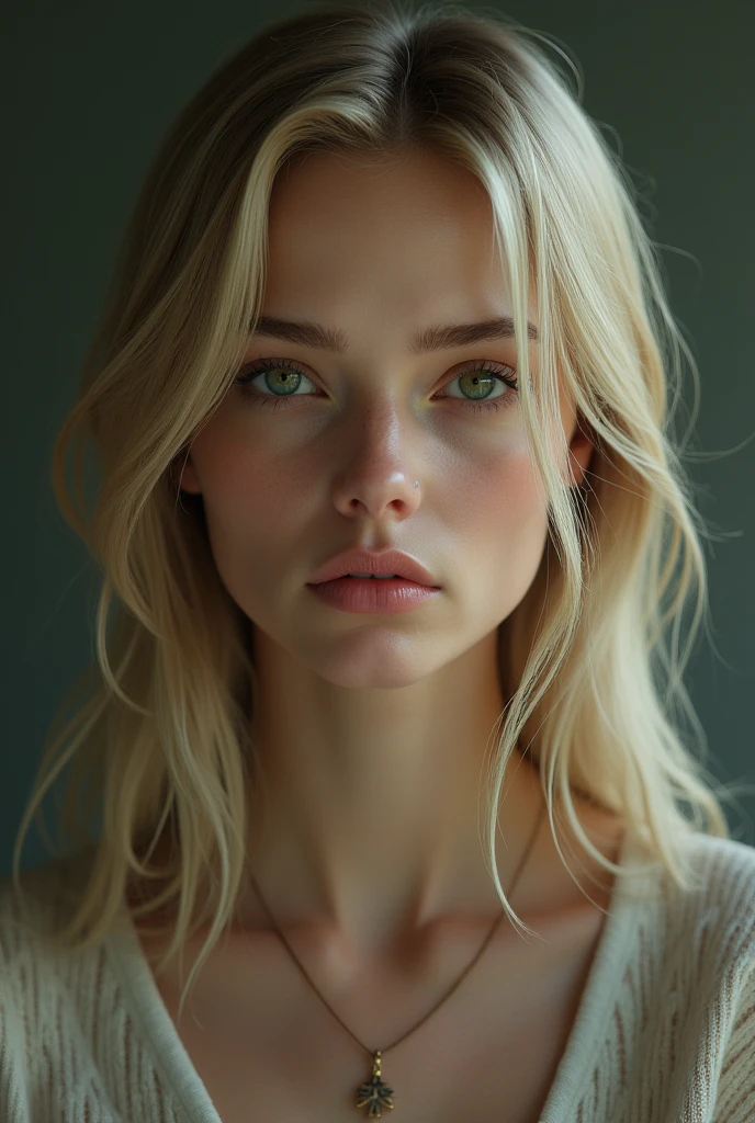 A realistic 20 year old white woman who is not smiling, with straight blonde hair and emerald green eyes