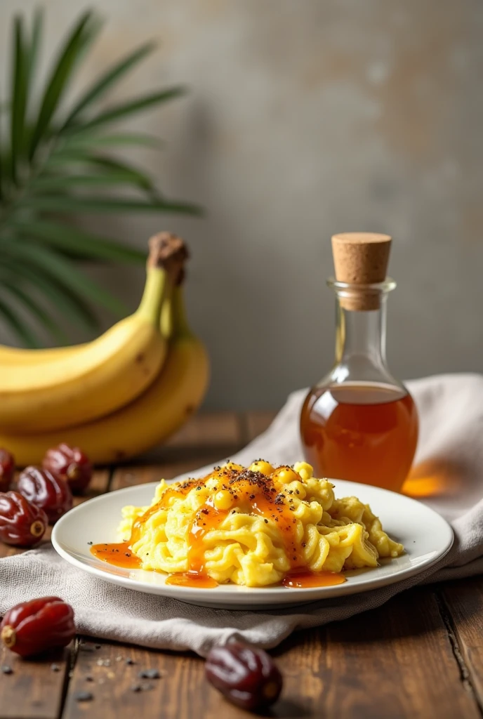 photoshot: table, Plate on plate scrambled eggs, Dates, A banana, Honey and next to it black cumin oil 3D realistic