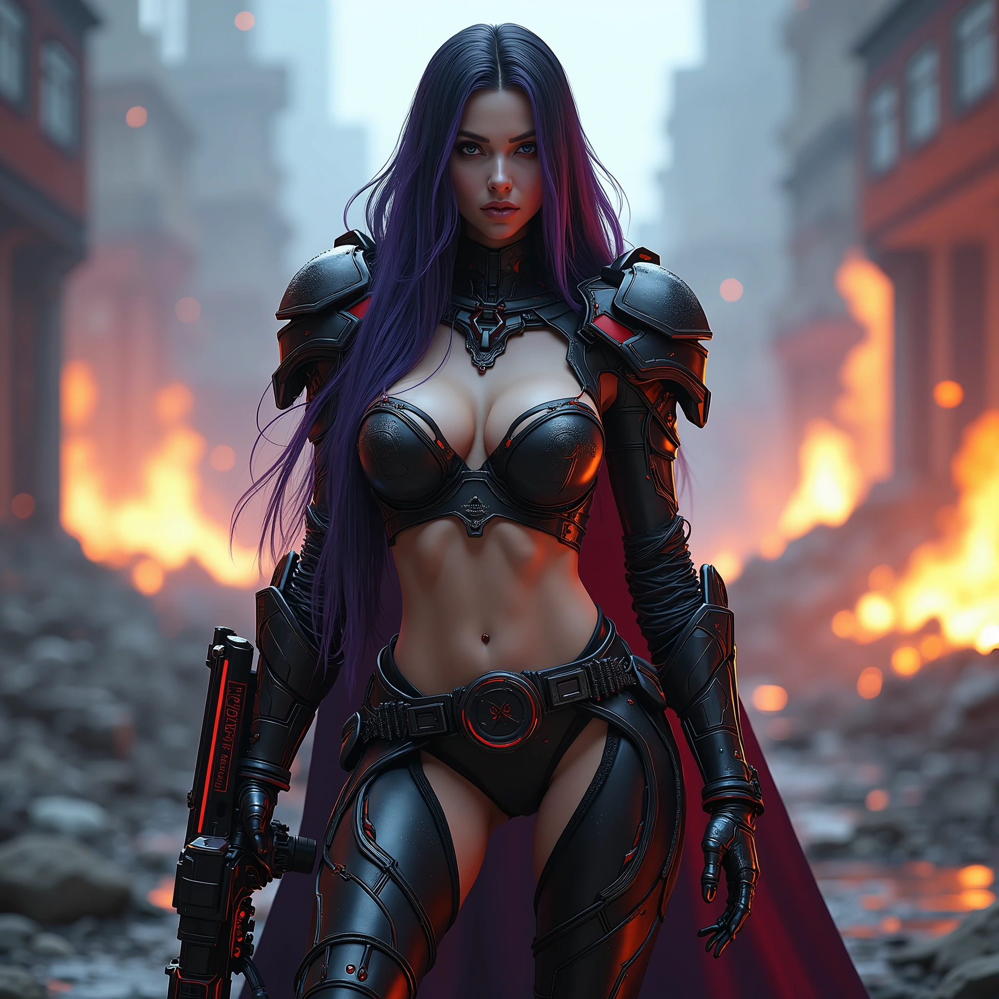 full body pose wearing a mechanical suit, massive bimbo silicone breast, bimbo breast, Mechanical wonder, Cyberpunk, Cybernetic Guardian, futuristic sexy black armor, big black and neon red shoulder armor, full body, front pose, symmetry, intricate (steel metal [rust]), joints, warframe style, cyborg, fit muscular female body and armor, Beautiful body, Massive silicone breast, pale skin, seductive, temptation, eat your soul, clevage, long flowing black hair with purple highlights, heavy gothic makeup, at night, neon, holding a futuristic black and red laser rifle, sith queen, warrior queen, black latex cloak, stiletto heels, full body pose, wartorn ruins in the background, explosions and fire, most beautiful intricate detailed armor high heel stilletto boots