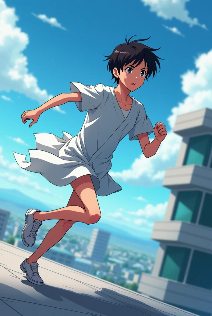 patient Human character right side pose running from hospital roof , anime style