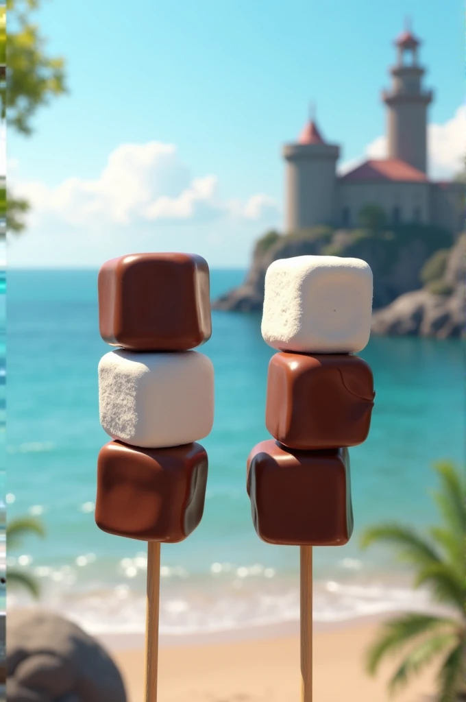 Two sticks with three marshmallows on each one covered in chocolate with the background of the Callao sea and the Real Felipe Fortress