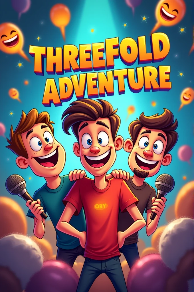 "Create a YouTube channel banner for a comedy channel named 'THREEFOLD ADVENTURE,' owned by three brothers. The banner should feature three cartoonish characters representing each brother, all with fun, exaggerated expressions. The background should be vibrant and playful, incorporating elements like laughter, comedy icons (like microphones, joke books, or laughing emojis), and the channel name 'THREEFOLD ADVENTURE' in bold, playful font. The overall vibe should be energetic, humorous, and inviting to reflect the fun and comedic content of the channel."
