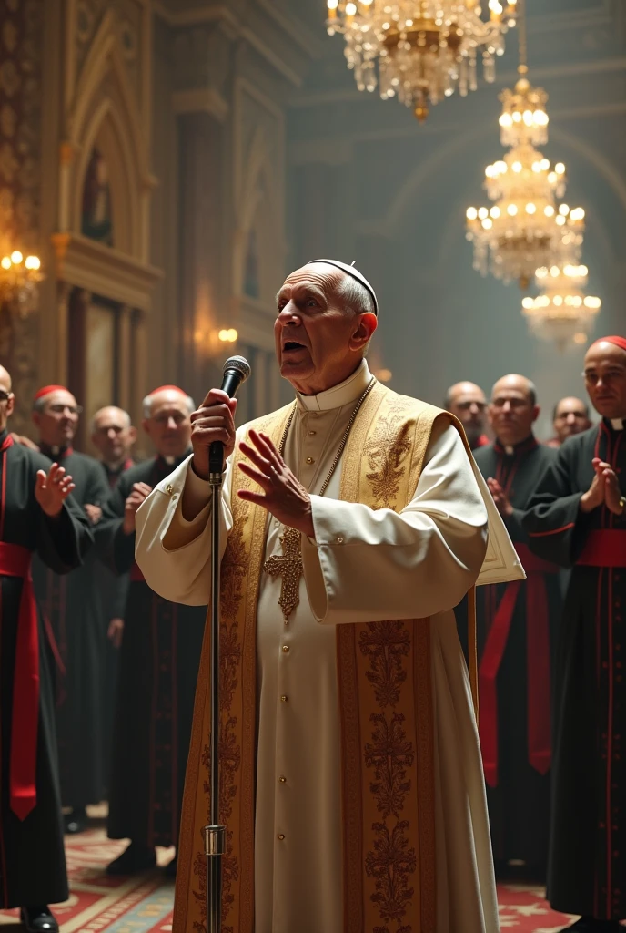 old pope rapping like eminem into a microphone, clergy dance hip hop around the hall