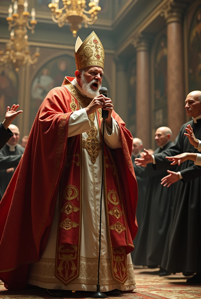 old pope rapping like eminem into a microphone, clergy dance hip hop around the hall