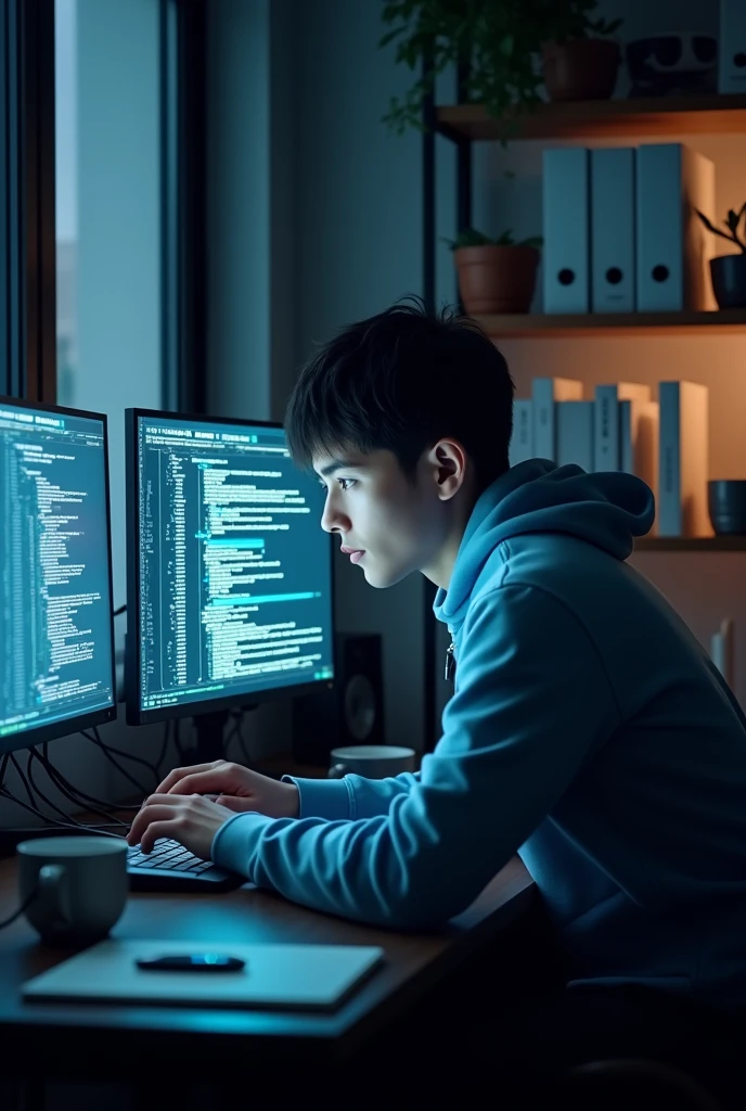 A young man in a room with a computer desk and working with information security 
