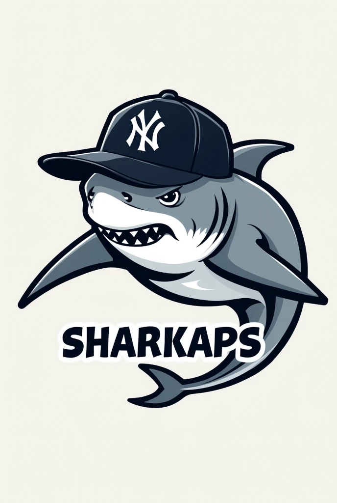 Create a logo of a grey shark with a NY cap that says SHARKAPS
