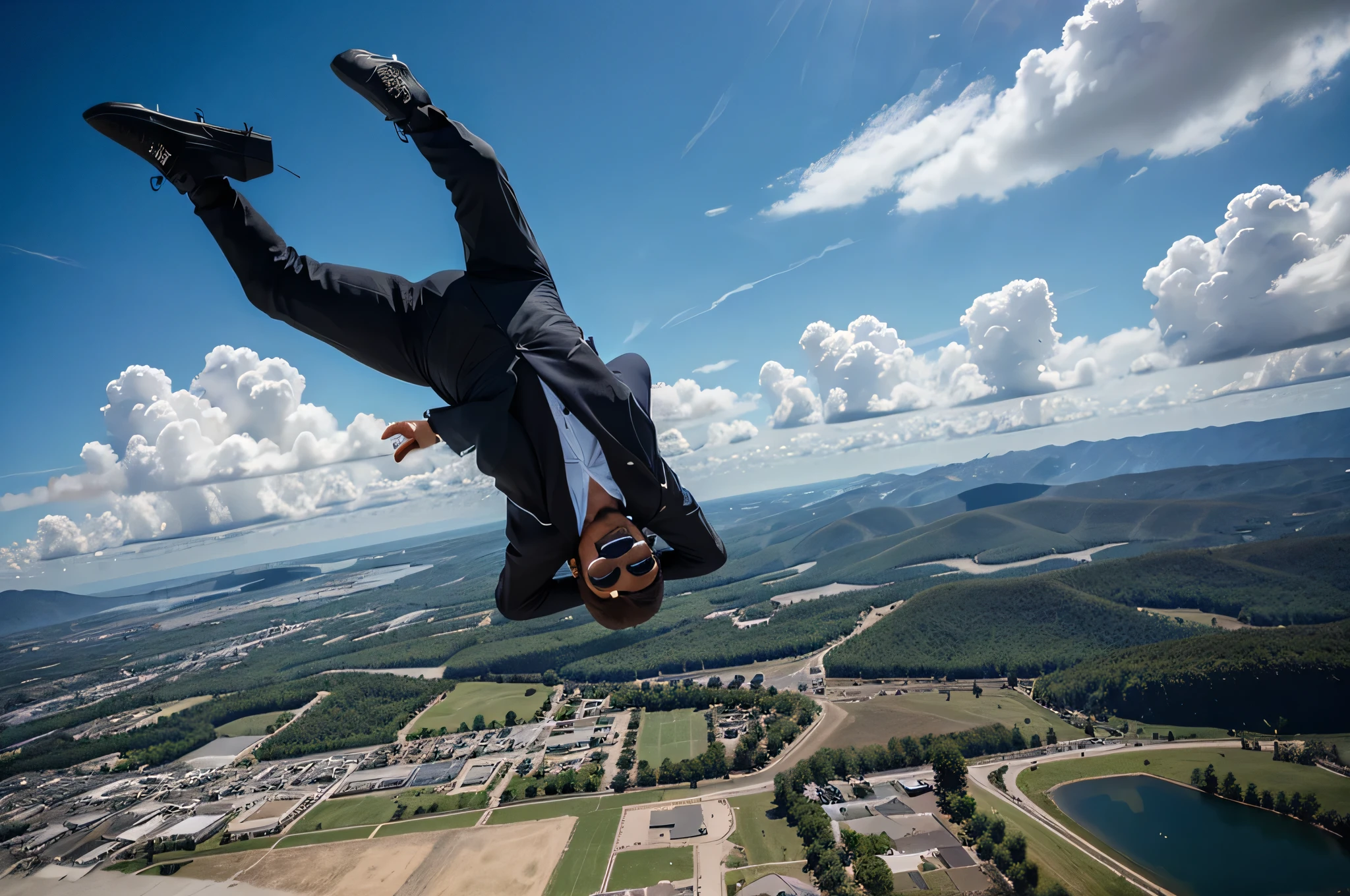 man jumping from plane, photo of obra-before, ultra-realistic image of a 2 man jumping out of a plane, using suit, Extremely handsome man. drop upside down, blue sky The angle should be as if he is looking directly at the camera. He must be wearing a black suit, he is wearing luxury black sunglasses the scene should capture the excitement and adrenaline of the jump and he is smiling,  with a background showing clouds and blue sky, as if it were a real photo
