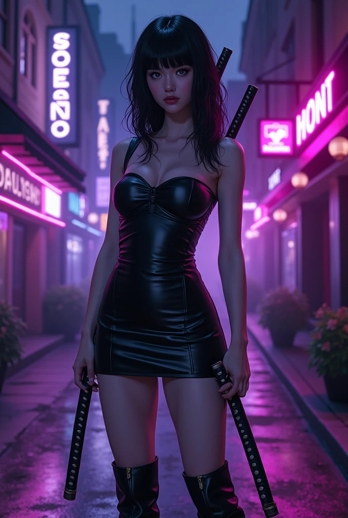 at night, some buildings in the united states, bars, purple phosphorescent lights, and a single woman with black hair and blue eyes, small nose,super pretty in a short strapless black leather dress, and some black leather boots, and two katanas on his back, head on, brillitos
