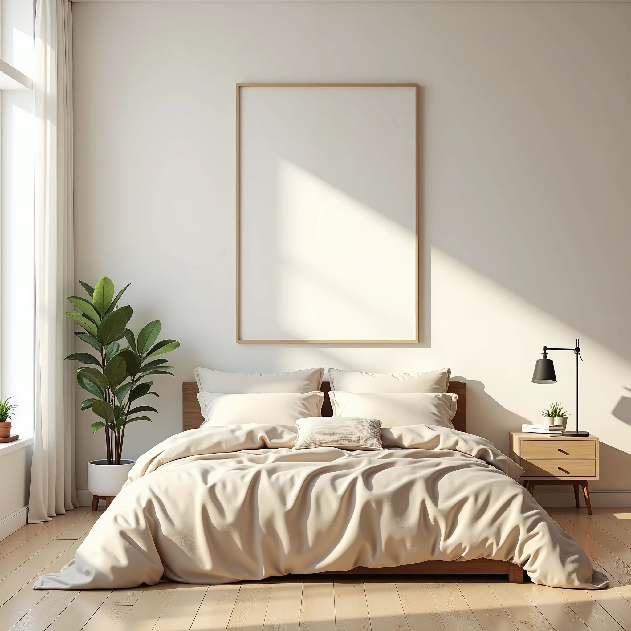 An ultra-realistic bedroom scene featuring a neatly made bed with warm beige and white striped bedding. Above the bed, a DIN A-sized vertical white-framed canvas hangs on the wall, completely blank except for the soft reflections of natural light and subtle shadows. A large window allows sunlight to fill the room, casting gentle light across the blank canvas. Next to the window, a small wooden side table holds potted plants, and a minimalist floor lamp adds warmth. The room has light wooden floors, neutral walls, and a cozy, modern atmosphere, with intricate details like the texture of the bedding and the soft reflections on the vertical canvas.
