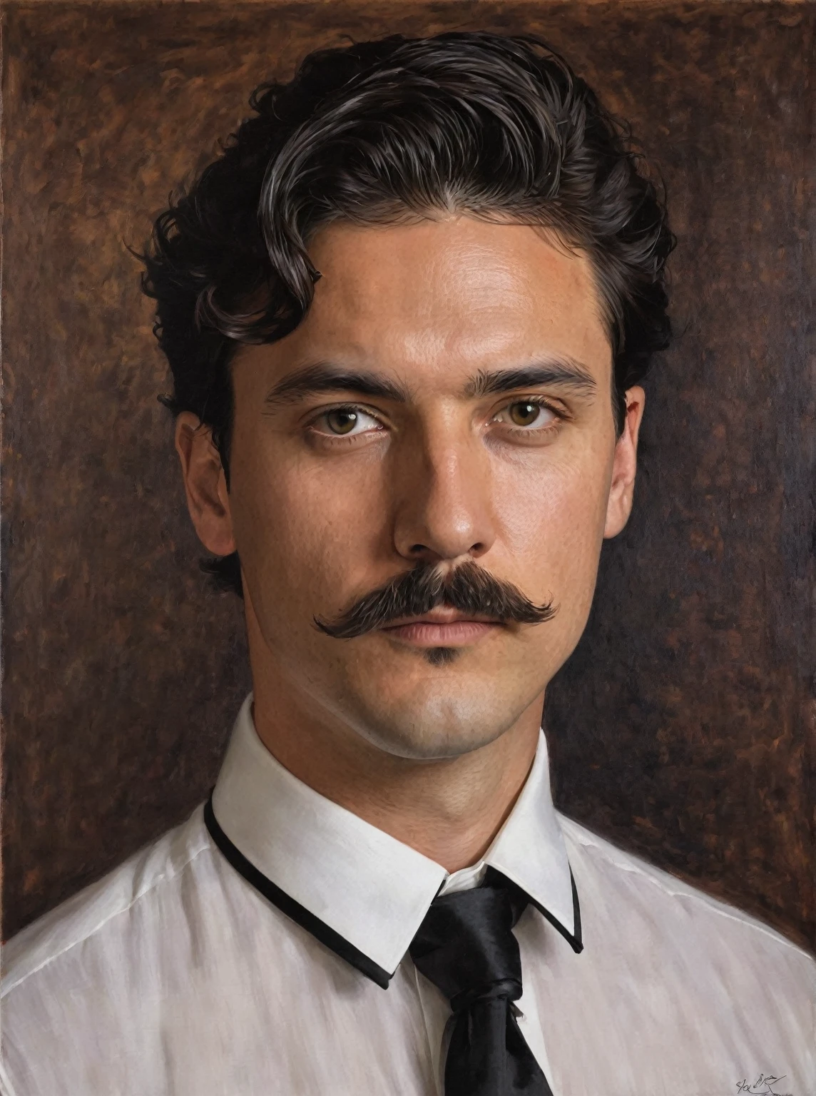 The image is a portrait of a man's face. The man appears to be in his late twenties or early thirties, with dark hair and a mustache. He is wearing a black tuxedo with a white shirt and a black bow tie. The background is a dark brown color, and the man is looking directly at the camera with a serious expression. The painting is done in a realistic style, 