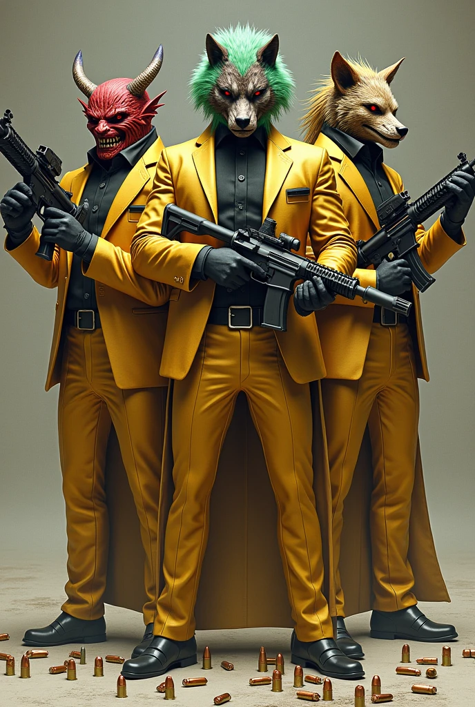 3 men in black suits, one at the end on the right with a horned dragon mask and realistic green hair with purple tips and slanted red eyes , . In the middle one with a realistic wolf mask that has hair and on the left one with a realistic red demon mask , The 3 with golden suits and weapons and lots of bullets