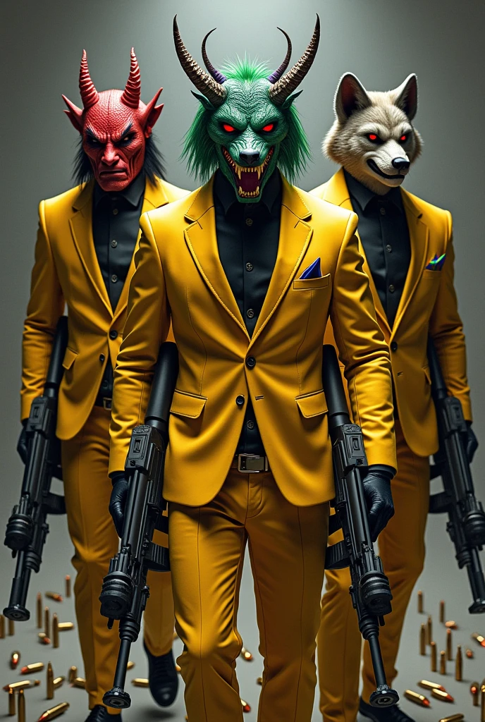3 men in black suits, one at the end on the right with a horned dragon mask and realistic green hair with purple tips and slanted red eyes , . In the middle one with a realistic wolf mask that has hair and on the left one with a realistic red demon mask , The 3 with golden suits and weapons and lots of bullets