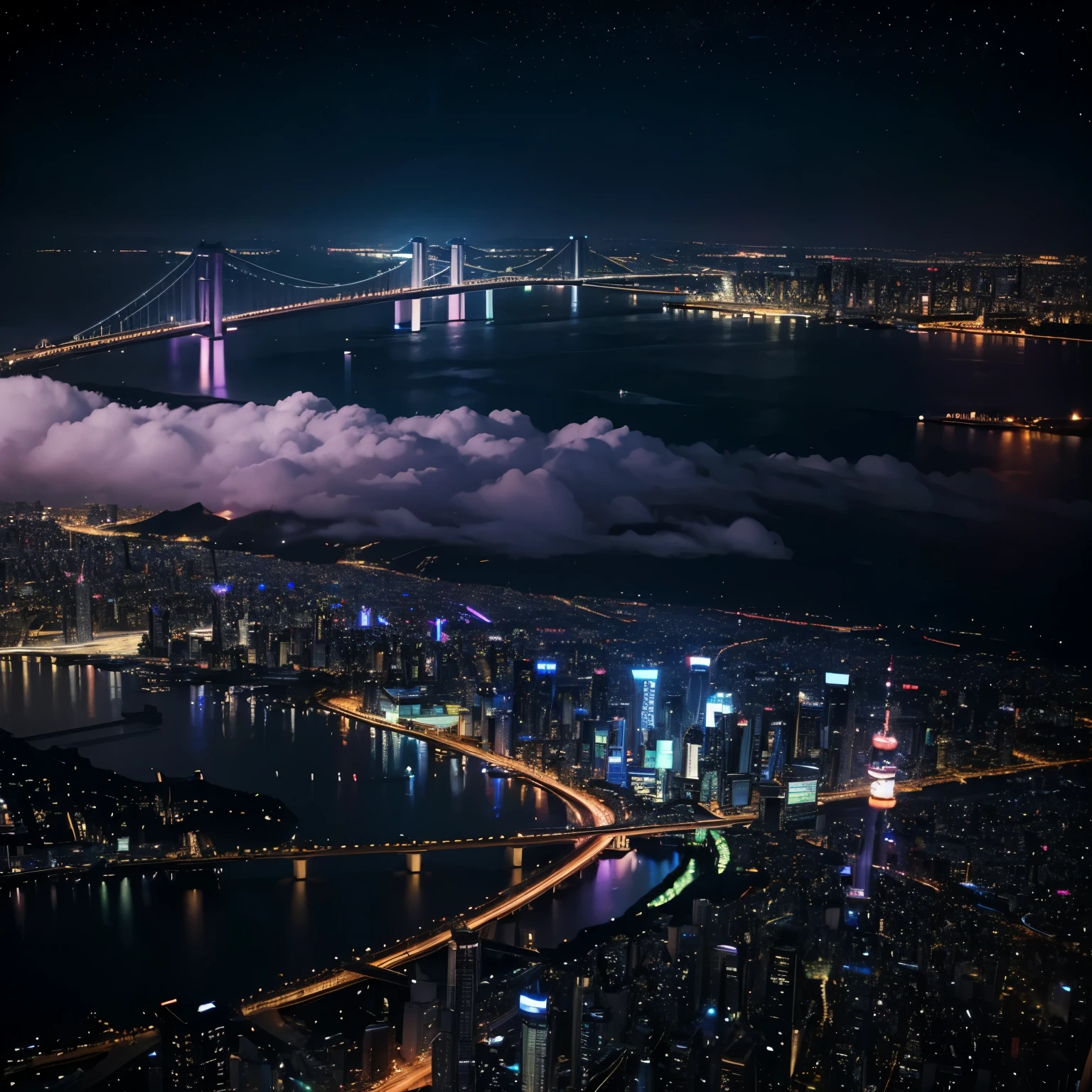The night sky is filled with shining stars、
Three-dimensional clouds、Colorful million-dollar night view、romantic、Fantasy、Colorful night view in Tokyo、Tokyo Tower、Brilliant、photograph、Wide angle、Colorful night view、、Colorful、Neon color、Brightness Gradient、Rainbow Bridge High Resolution（8k）、Ultra-high precision、Realistic texture、The city below、horizontal line、Vast、panorama、Rear Stick、Brilliant、masterpiece、curve、bird&#39;s Eye View、Looking down from above