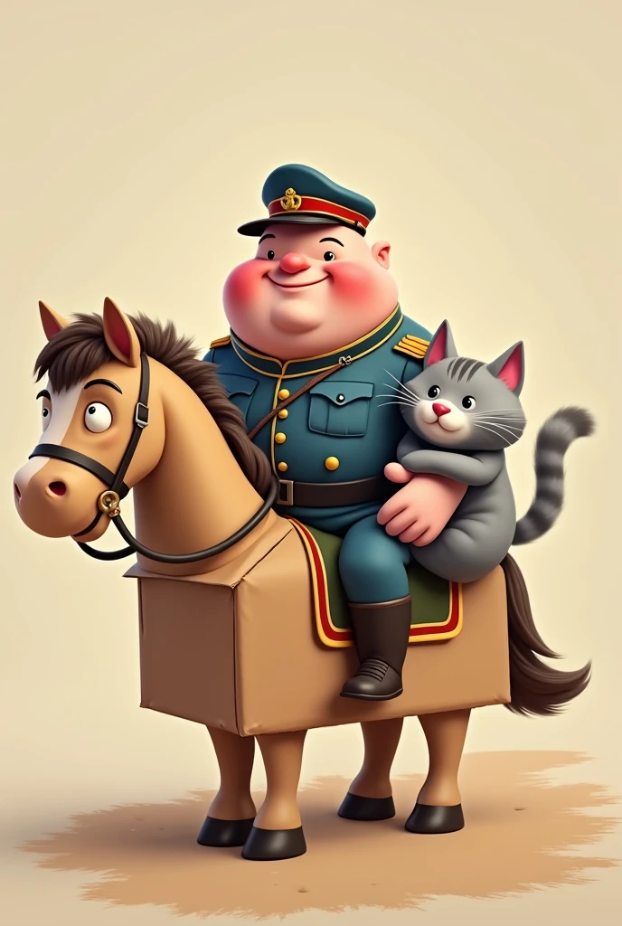 Cartoon of a gray cat with lighter stripes and whiskers, good-natured chubby guy, handsome, pink belly that looks like a soldier and is on a cardboard horse