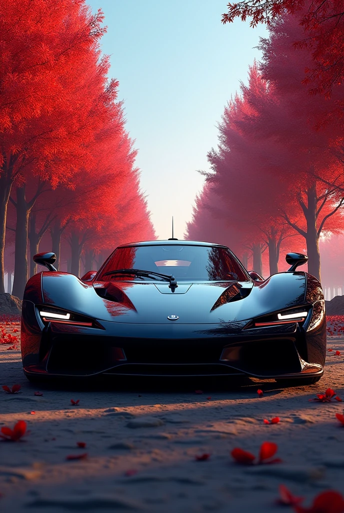 One hyper car in black colour car in forest view red tree and blue sky