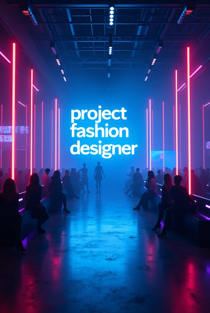 background the party is like a bustling club for the model show with the words “Project fashion designer - INIECO.” 3D with the main color being dark blue. Lots of LED lights and neon colorful lights shining everywhere. There must be an empty space in the center and no people