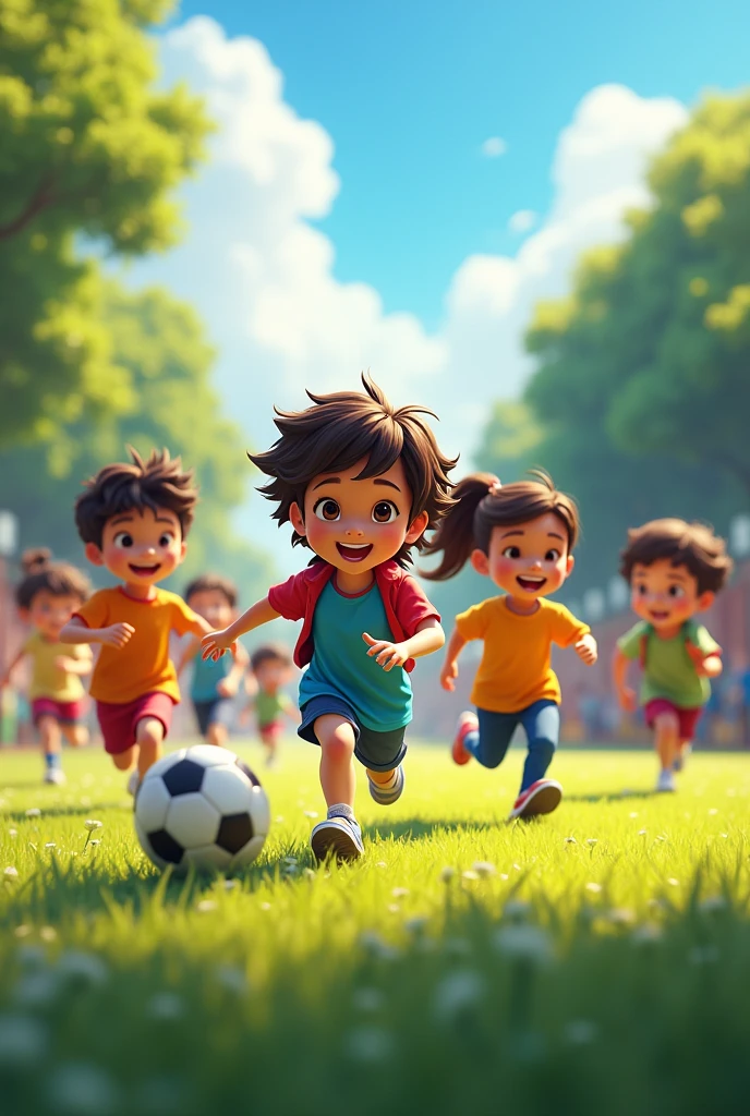 Create an image showing students, ages 10-14, participating in after-school activities on the first day back. The scene includes a group of kids playing soccer on a field, while others are engaged in art projects or music practice indoors. The atmosphere is active and full of enthusiasm.