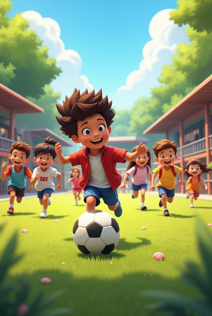  Create an image showing students, ages 10-14, participating in after-school activities on the first day back. The scene includes a group of kids playing soccer on a field, while others are engaged in art projects or music practice indoors. The atmosphere is active and full of enthusiasm.