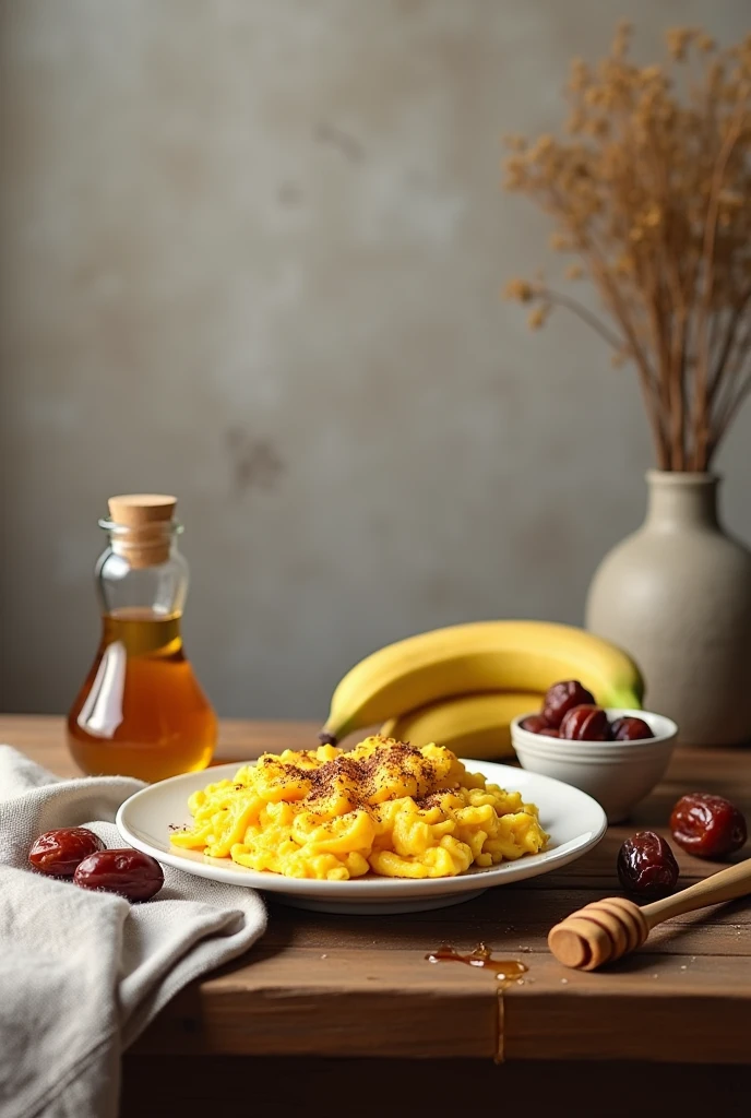 photoshot: table, Plate on plate scrambled eggs, Dates, A banana, Honey and next to it black cumin oil 3D realistic