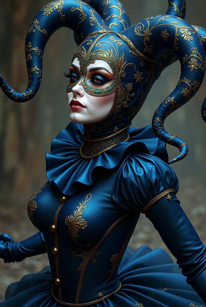 I want the ballet illustration for the "toys" from act 1 of The Nutcracker. Let it be a dark-colored harlequin with a mask from that era. Just make me a Venice carnival-style mask., black, blue and gold