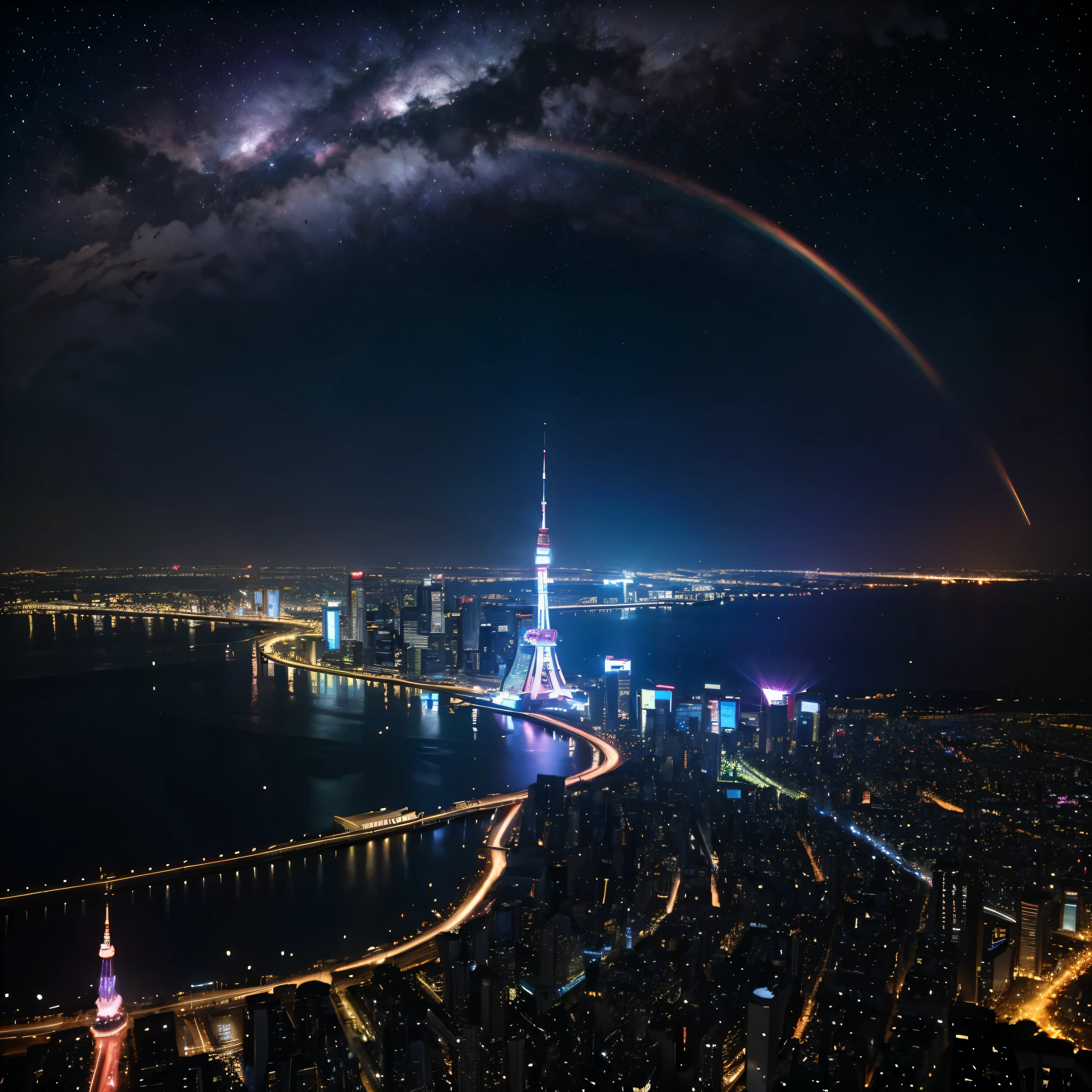 The night sky is filled with shining stars、
Three-dimensional clouds、Colorful million-dollar night view、romantic、Fantasy、Colorful night view in Tokyo、Tokyo Tower、Brilliant、photograph、Wide angle、Colorful night view、、Colorful、Neon color、Brightness Gradient、Rainbow Bridge High Resolution（8k）、Ultra-high precision、Realistic texture、The city below、horizontal line、Vast、panorama、Rear Stick、Brilliant、masterpiece、curve、bird&#39;s Eye View、Looking down from above