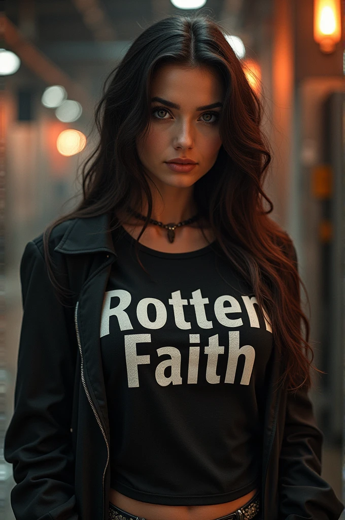 A sexy woman wearing a “Rotten Faith” shirt 