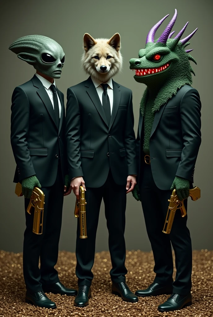 3 men in black suits, one at the end on the right with a realistic green dragon mask and purple tips ,Red eyes, . In the middle one with a realistic wolf mask that has hair and on the left one with a realistic Alien mask , the 3 with suits and golden weapons and many bullets