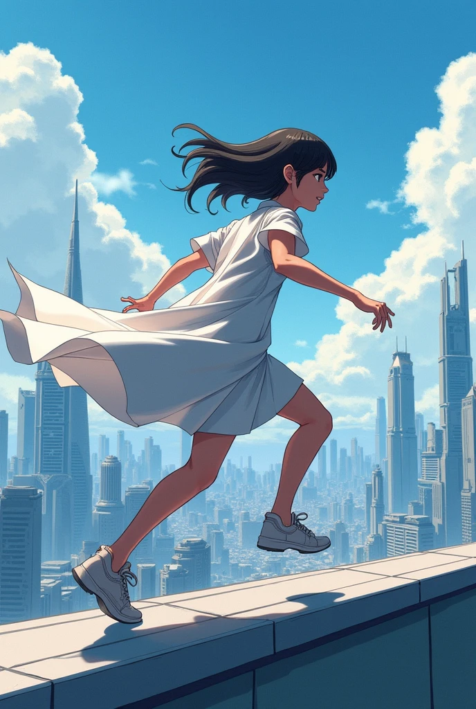 patient Human character right side pose running from hospital roof , anime style, super human, sci-fi city back ground