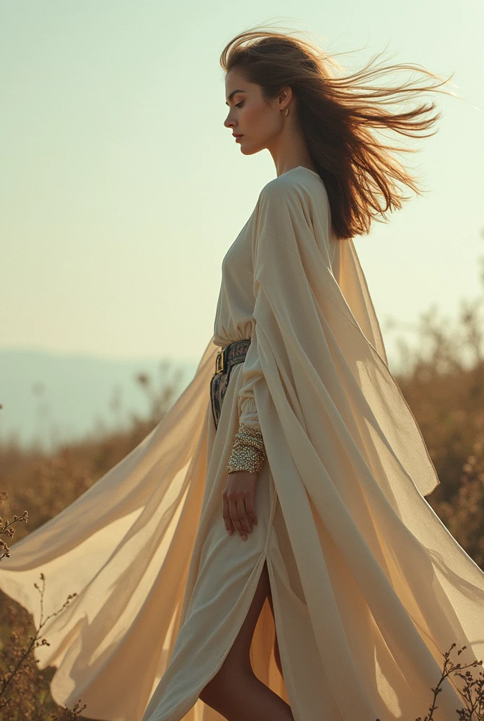 A girl wearing a Abaya which is flying due to wind, blowing the Abaya and showing her pants