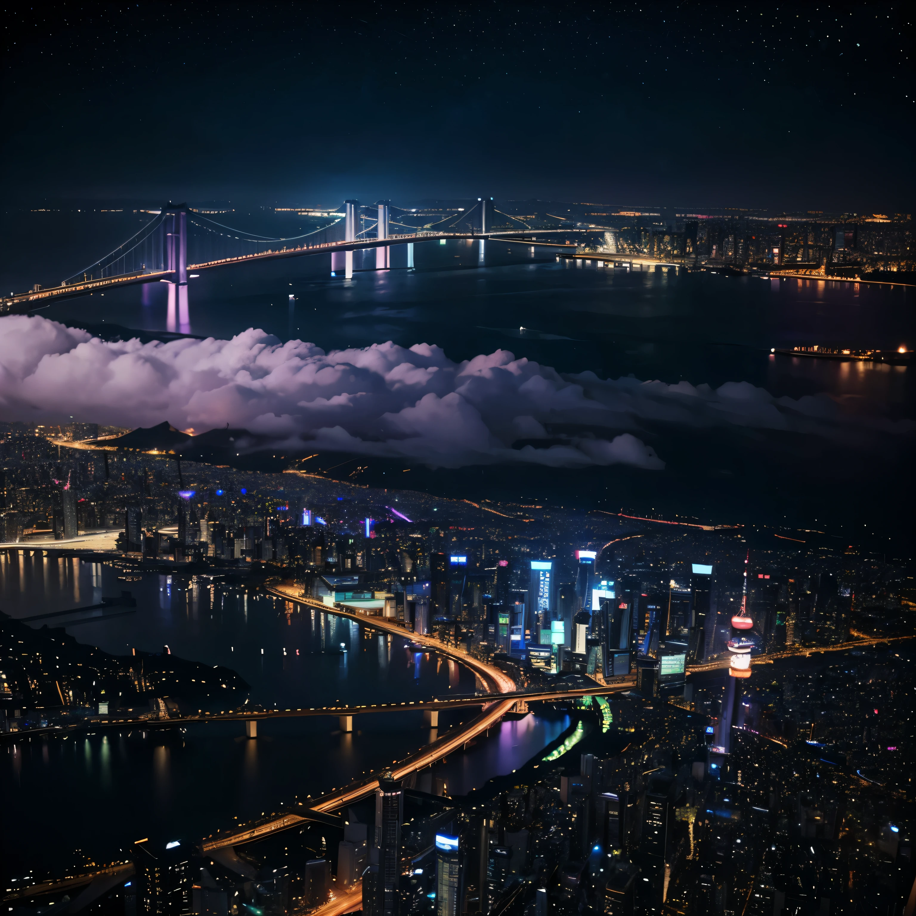 The night sky is filled with shining stars、
Three-dimensional clouds、Colorful million-dollar night view、romantic、Fantasy、Colorful night view in Tokyo、Tokyo Tower、Brilliant、photograph、Wide angle、Colorful night view、、Colorful、Neon color、Brightness Gradient、Rainbow Bridge High Resolution(8k)、Ultra-high precision、Realistic texture、The city below、horizontal line、Vast、panorama、Rear Stick、Brilliant、masterpiece、curve、bird's Eye View、Looking down from above