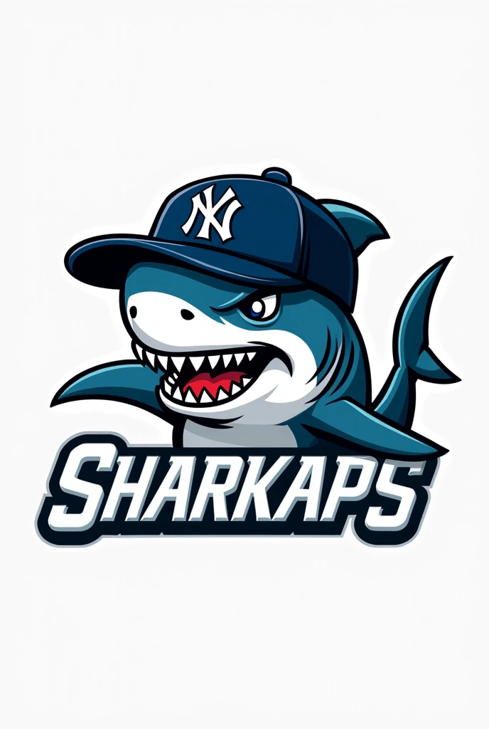 Create a logo of a shark with a NY cap that says SHARKAPS