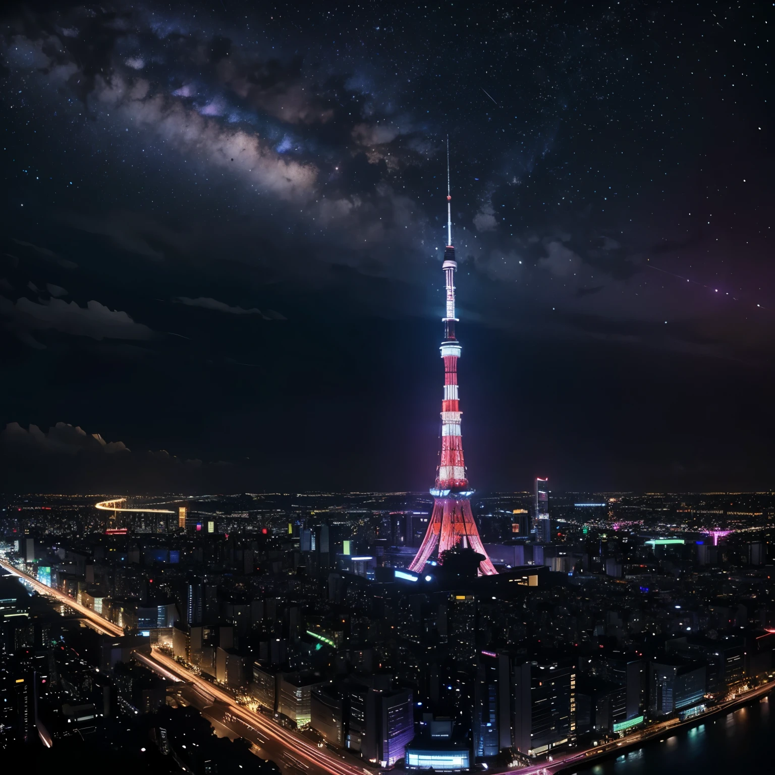The night sky is filled with shining stars、
Three-dimensional clouds、Colorful million-dollar night view、romantic、Fantasy、Colorful night view in Tokyo、Tokyo Tower、Brilliant、photograph、Wide angle、Colorful night view、、Colorful、Neon color、Brightness Gradient、Rainbow Bridge High Resolution(8k)、Ultra-high precision、Realistic texture、The city below、horizontal line、Vast、panorama、Rear Stick、Brilliant、masterpiece、curve、bird's Eye View、Looking down from above