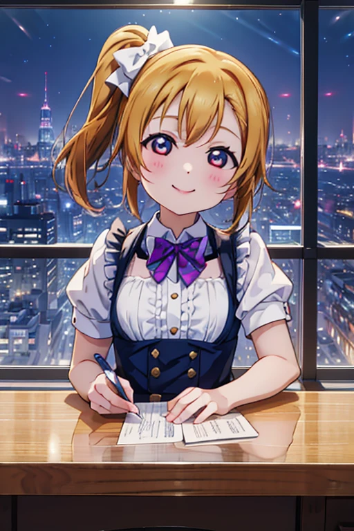Highest quality、masterpiece、One Girl、alone、anime、animeScreencap、Ray Tracing、Global Illumination、ultra hi resolution picture、Bright colors、Light on the face、Glowing Eyes、Depth of written boundary、Detailed Background、Side Ponytail、cute、Straight、smile、View your viewers、Love Live!、Clear skies、 Honoka Kousaka、whole body、Coffee shop、Maid clothes