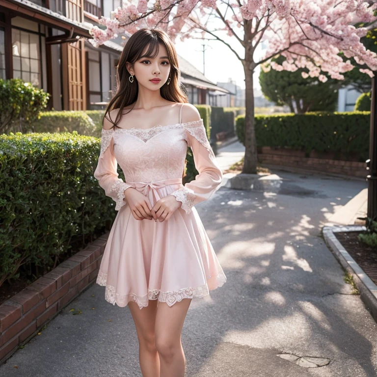 laughing out loud,(knee shot), 1 girl, On the face, light brown hair, blunt bangs, hair behind ears, Hair over the shoulders, long hair, Slender body type, Super thin face, face slimming, delicate lips, beautiful eyes, Thin blush, Eyes are light brown,Check it out here, (realistic:1.3), Standing next to a Japanese street, 8k, , Super detailed, high quality, best quality, High resolution, ,Large Breasts,H CUP, 3, The dress is a delicate pink dress,The design combines elements of cuteness and elegance,Applicable cases。The following is a detailed description: color: Main color is soft pink,Gives people a sweet and dreamy feeling。 Top: Top with white long sleeves,Lace edges at cuffs,Adds a sense of delicacy。 The neckline is round design,With delicate lace trim,Make the whole look more elegant。 There is a red ribbon in the middle,tied into a bow,Become the visual focus,Adds a lovely atmosphere。 Skirt: The skirt is an A-line cut,Show smooth lines,Can effectively modify the body shape。 The skirt has exquisite patterns and「POETRY BLOOM」The word printing,These details make the skirt more distinctive。 The hem of the skirt is slightly flared out,Increased dynamics and layering。 Material: 整體Material看起來柔軟且舒適,May be lightweight cotton or polyester,Suitable for spring and summer seasons。 Matching suggestions: Can be paired with light-colored heels or cute flats,Adds sweetness to the overall look。 Accessorize with simple accessories,Such as small earrings or bracelets,Will look more refined。 use: This dress is perfect for a 、Date or other formal occasion,Shows the elegance and sweetness of the wearer。 This dress is not only very attractive in design,It can also show the personality and taste of the wearer.。